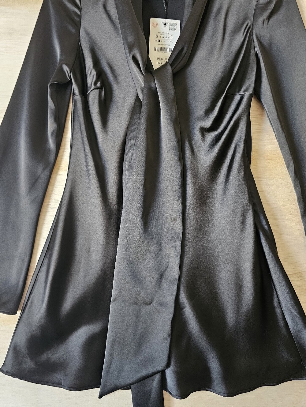 ZARA Black Satin Tie Neck Mini Dress Long Bell Sleeve NWT Size S - Picture 6 of 12